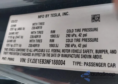 2022 Tesla Model 3 Long Range Dual Motor All-Wheel Drive из США, поврежденный, VIN 5YJ3E1EB3NF188004